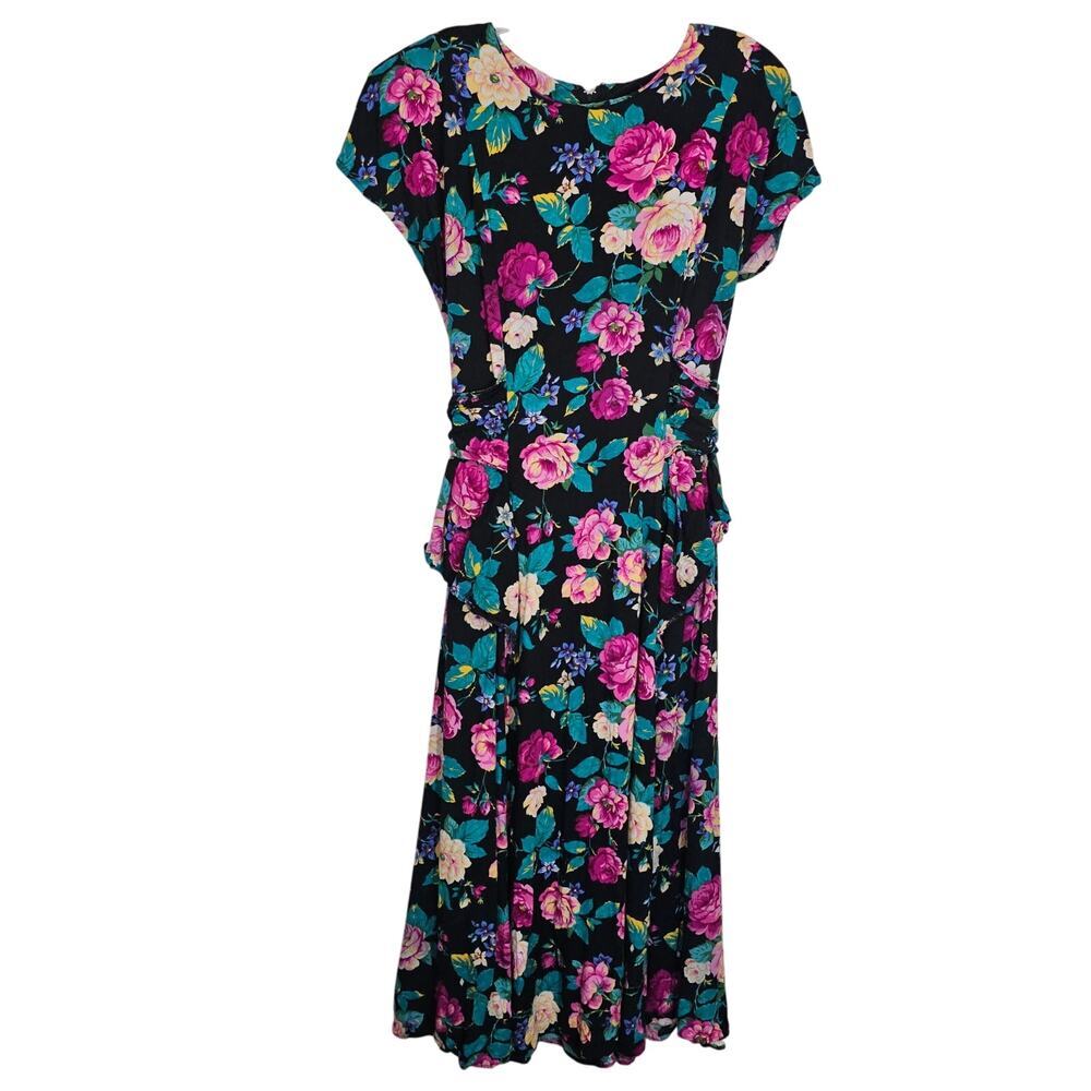 Dawn Joy Fashions Vintage Floral Print Peplum Midi Dress Black Pink Teal‎ 90s